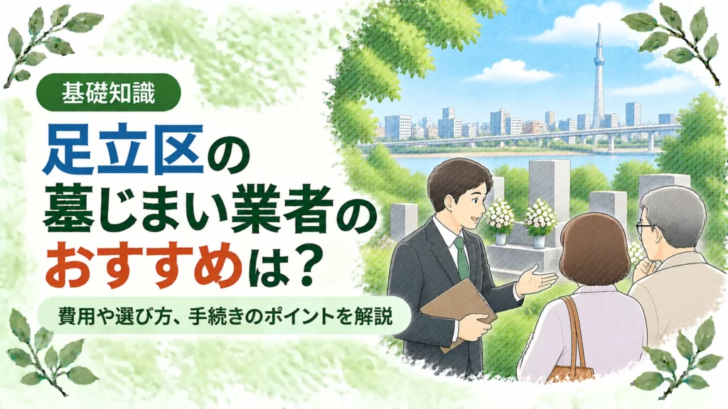 足立区の墓じまいについて、川沿いの街並みを望む墓地で専門業者へ相談する夫婦を配し、おすすめ業者の選び方や費用、手続きのポイントを伝えるアイキャッチ