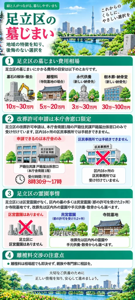 足立区の墓じまいについて、墓石撤去や離檀料、新しい納骨先の費用相場、本庁舎限定の改葬許可申請、区内の霊園事情と離檀料交渉の注意点をまとめています。