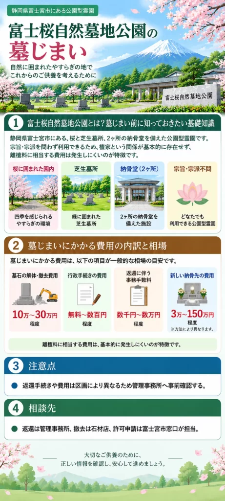 富士桜自然墓地公園 墓じまいについて、芝生墓所や2ヶ所の納骨堂などの特徴、墓石撤去や行政手続きなどの費用相場、注意点、相談先をまとめています。