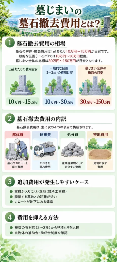 墓じまいの墓石撤去費用について、1㎡・一般区画・墓じまい全体の相場、費用の内訳、追加費用が発生しやすいケース、費用を抑える方法をまとめています。