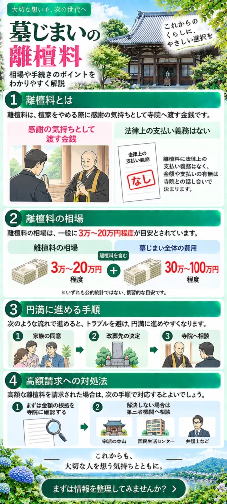 墓じまいの離檀料について、支払い義務の有無、3万〜20万円の相場、円満に進める手順、高額請求時の相談先をまとめています。