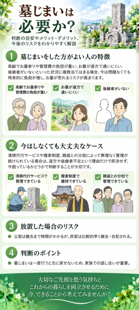 墓じまいが必要か迷う人に向けて、墓じまいをした方がよい状況と今はしなくても大丈夫なケース、放置するリスクや判断のポイントをまとめています。
