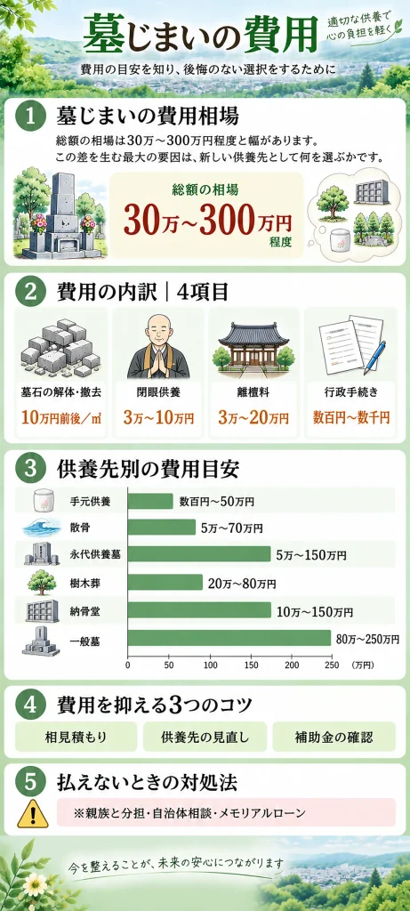 墓じまい 費用の総額相場30万〜300万円と4つの内訳、供養先6種類の費用目安、費用を抑えるコツや払えない場合の対処法をまとめています。
