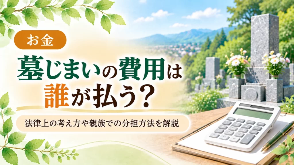墓じまい 費用 誰が払うのかを解説する記事のアイキャッチ。黄土色を淡く取り入れ、墓地と電卓、書類を配置して親族間での費用負担を表現しています。