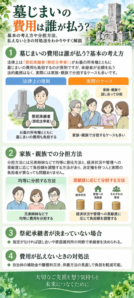 墓じまいの費用は誰が払うのかについて、祭祀承継者が負担する原則と家族・親族での分担方法、払えない場合の対処法をまとめています。