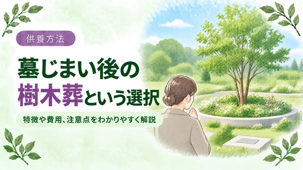 墓じまい後の樹木葬について、緑豊かな樹木と花に囲まれた供養の場で手を合わせる人物を配し、特徴や費用、注意点を伝えるアイキャッチ