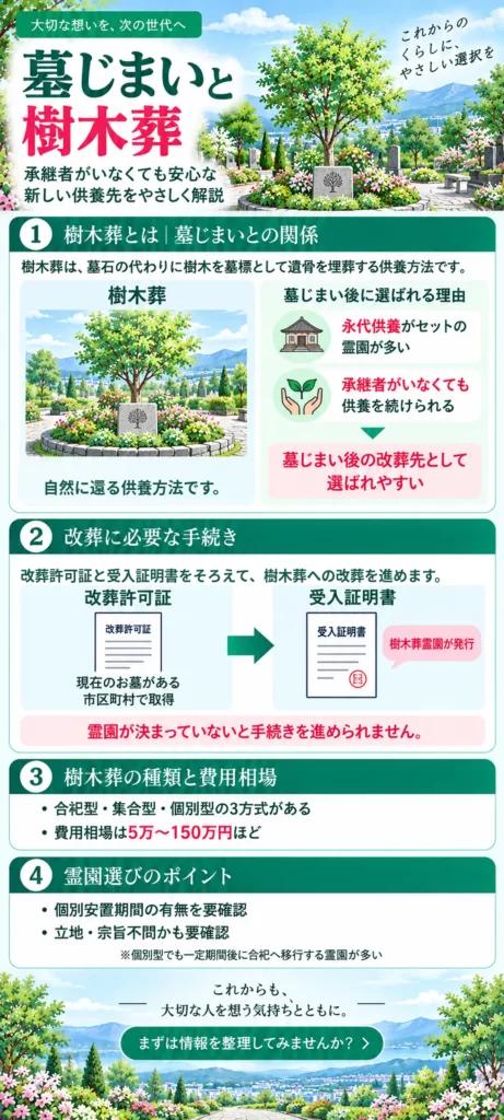 墓じまい後の樹木葬について、樹木葬の特徴、改葬許可証と受入証明書の手続き、3つの方式と費用相場、霊園選びの注意点をまとめています。