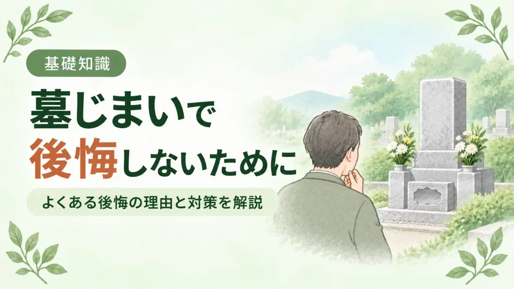 墓じまいで後悔しないために、墓石を前に考える人物を配し、よくある後悔の理由と事前にできる対策を伝えるアイキャッチ