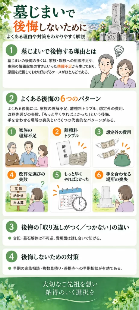 墓じまいで後悔する主な理由と6つの代表的なパターン、取り返しがつくこと・つかないこと、後悔を防ぐための対策をまとめています。
