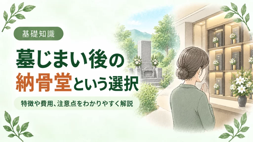 墓じまい後の納骨堂について、墓石と納骨スペース、手を合わせる人物を配し、納骨堂という供養の選択肢を分かりやすく伝えるアイキャッチ