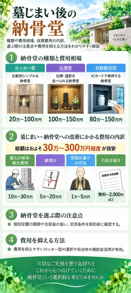 墓じまい後の納骨堂について、ロッカー型・仏壇型・自動搬送型の種類と費用相場、改葬費用の内訳や選ぶ際の注意点をまとめています。