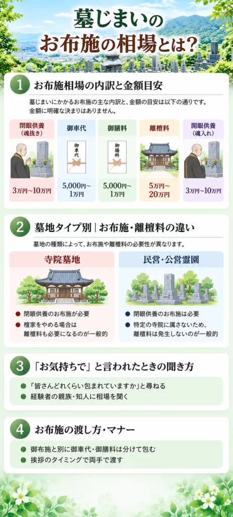 墓じまいのお布施相場について、閉眼供養・御車代・御膳料・離檀料・開眼供養の金額目安と、墓地タイプ別の違い、聞き方や渡し方をまとめています。