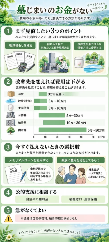 墓じまい お金がない場合に見直したいポイントと低コストな改葬先、ローンや親族との費用分担、公的支援などの選択肢をまとめています。