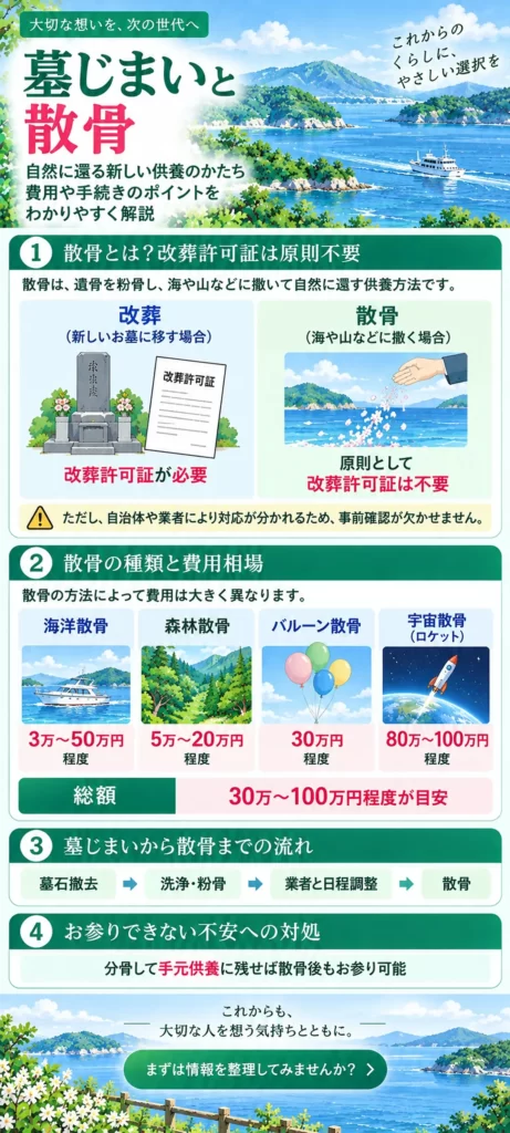 墓じまいと散骨について、改葬許可証の要否、海洋・森林・バルーン・宇宙散骨の費用相場、散骨までの流れと手元供養の方法をまとめています。