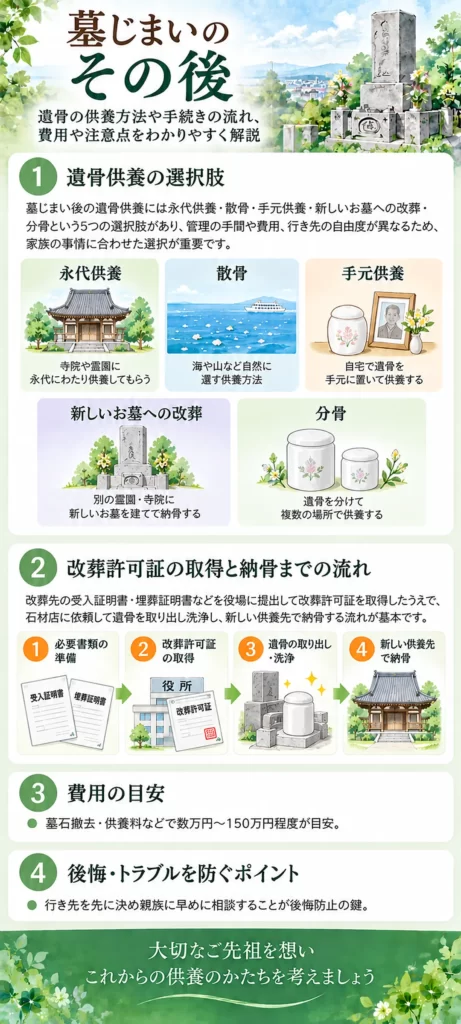 墓じまいその後の遺骨供養について、永代供養・散骨・手元供養・改葬・分骨の選択肢と、改葬許可証取得から納骨までの流れをまとめています。