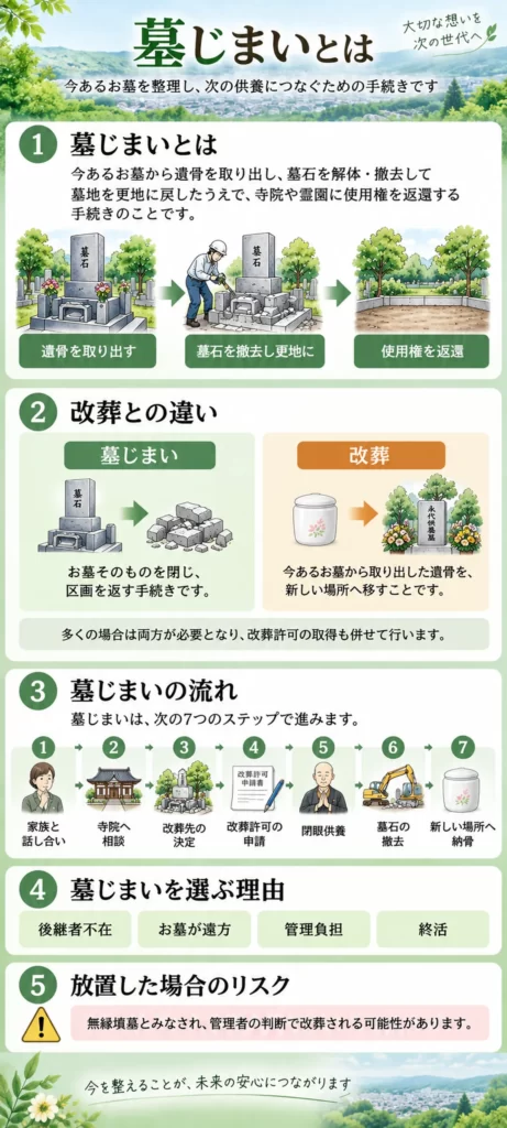 墓じまいとは何かを解説し、お墓を閉じる意味や改葬との違い、墓じまいを進める7つの手順、選ぶ理由と放置した場合のリスクをまとめています。
