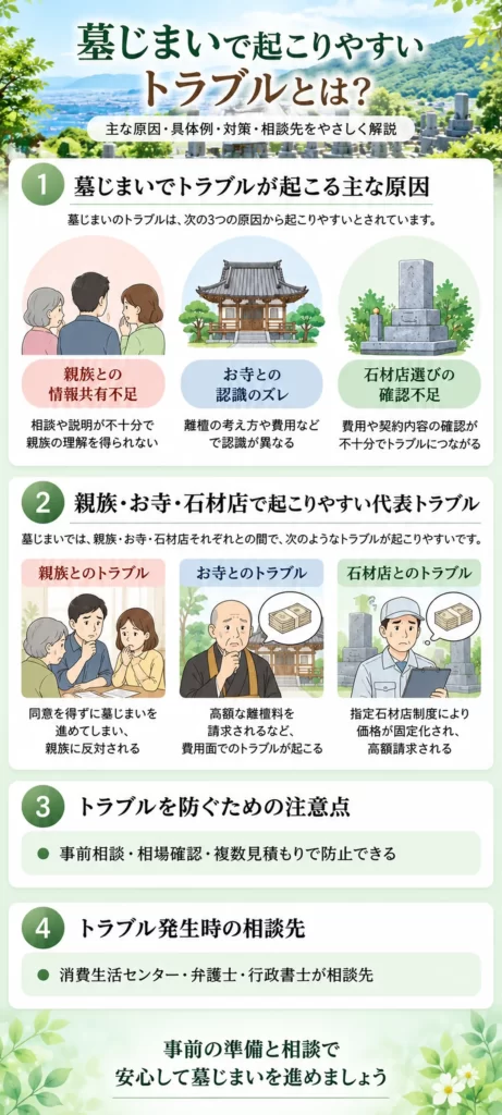 墓じまいトラブルの主な原因と、親族・お寺・石材店との代表的な問題、事前にできる防止策、トラブル発生時の相談先をまとめています。
