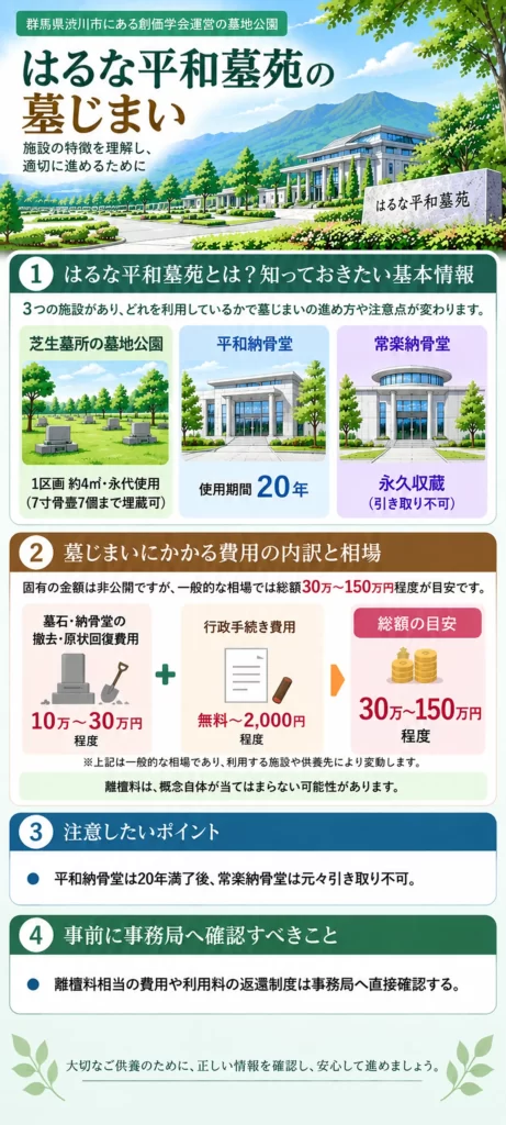 はるな平和墓苑 墓じまいについて、3つの施設の特徴や墓石・納骨堂の撤去費用、行政手続きの費用相場、注意点、事務局への確認事項をまとめています。