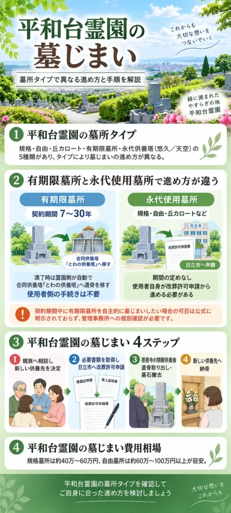 平和台霊園 墓じまいの進め方をまとめ、墓所タイプ、有期限墓所と永代使用墓所の違い、4ステップの手続き、費用相場を解説しています。