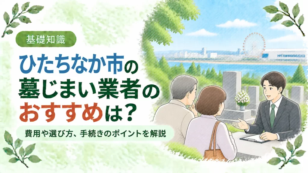 ひたちなか市の墓じまいについて、海や街並みを望む墓地で専門業者へ相談する夫婦を配し、おすすめ業者の選び方や費用、手続きのポイントを伝えるアイキャッチ