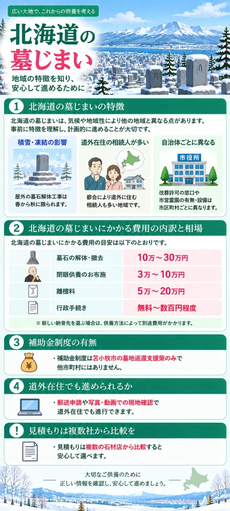 北海道 墓じまいについて、積雪・凍結による工事時期の特徴や費用相場、補助金制度、道外在住での進め方、見積もり比較の注意点をまとめています。