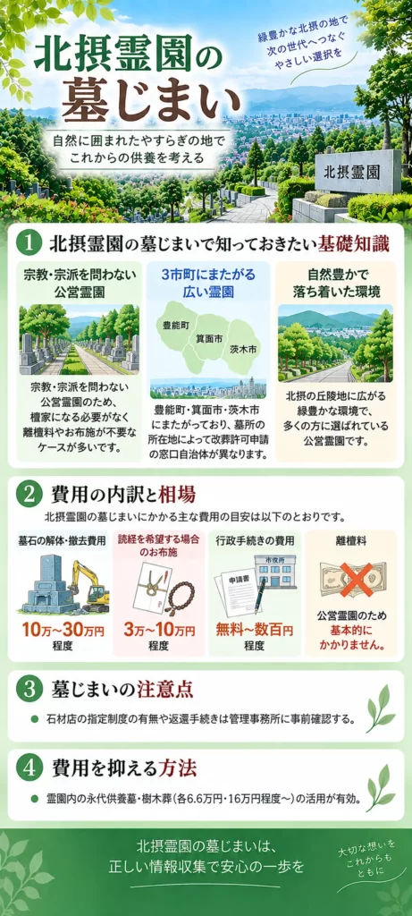 北摂霊園 墓じまいについて、3市町にまたがる特徴や申請窓口、墓石撤去などの費用相場、注意点、費用を抑える方法をまとめています。