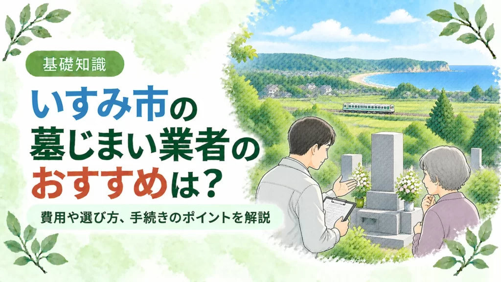 いすみ市の墓じまいについて、田園やローカル線、海を望む墓地で業者へ相談する人物を配し、おすすめ業者の選び方や費用、手続きのポイントを伝えるアイキャッチ
