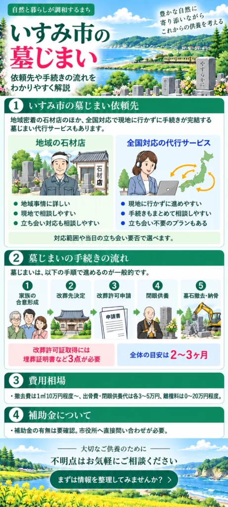 いすみ市の墓じまいについて、地域の石材店と全国対応サービスの違い、5つの手続きの流れ、費用相場、補助金の確認方法をまとめています。