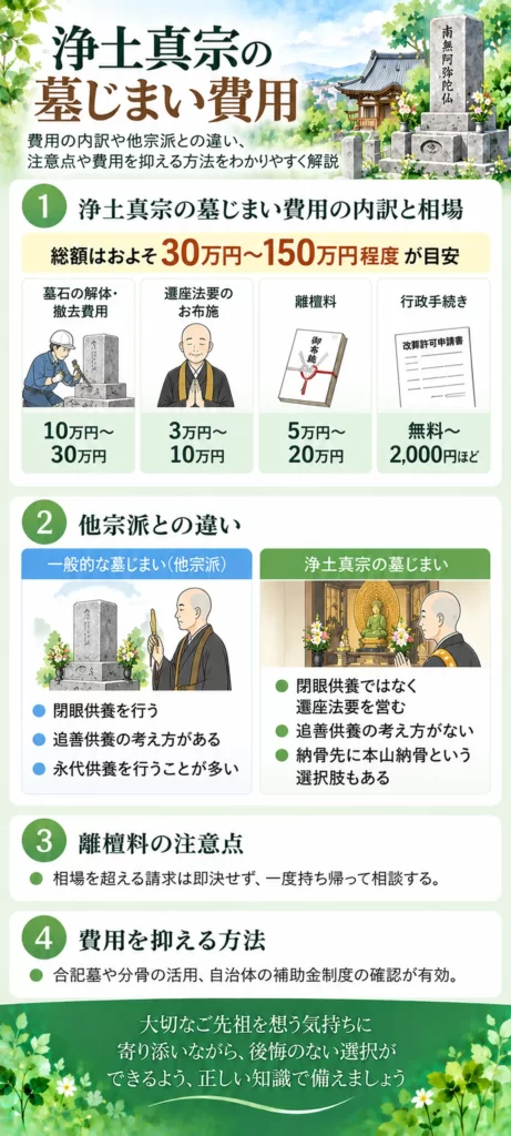 浄土真宗の墓じまい費用について、墓石撤去や遷座法要、離檀料、行政手続きの相場と、他宗派との供養方法の違いをまとめています。