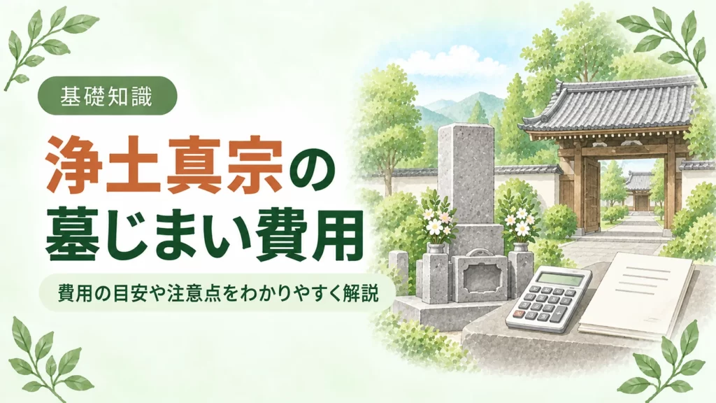 浄土真宗の墓じまい費用について、寺院の門と墓石、電卓や書類を配し、費用の目安や注意点を分かりやすく伝えるアイキャッチ