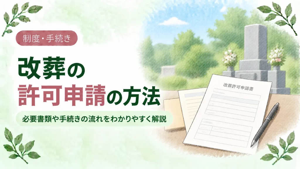 改葬許可申請について、墓石を背景に申請書類とペンを配し、墓じまいに必要な書類や手続きの流れを分かりやすく伝えるアイキャッチ