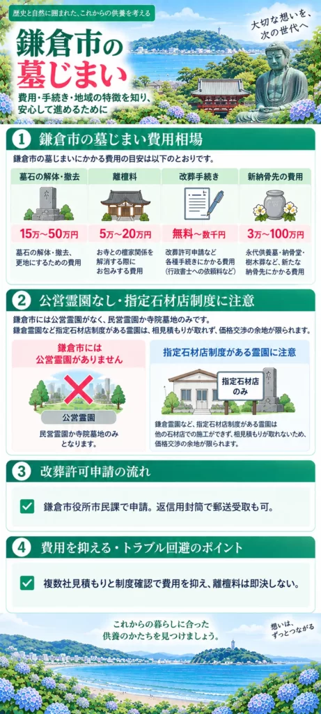 鎌倉市の墓じまいについて、費用相場、公営霊園がない点や指定石材店制度、改葬許可申請の流れ、費用とトラブルを抑えるポイントをまとめています。