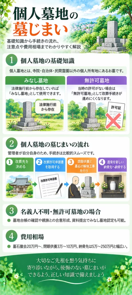 個人墓地の墓じまいについて、みなし墓地と無許可墓地の違い、改葬先の決定から納骨までの流れ、名義人不明時の対応や費用相場をまとめています。