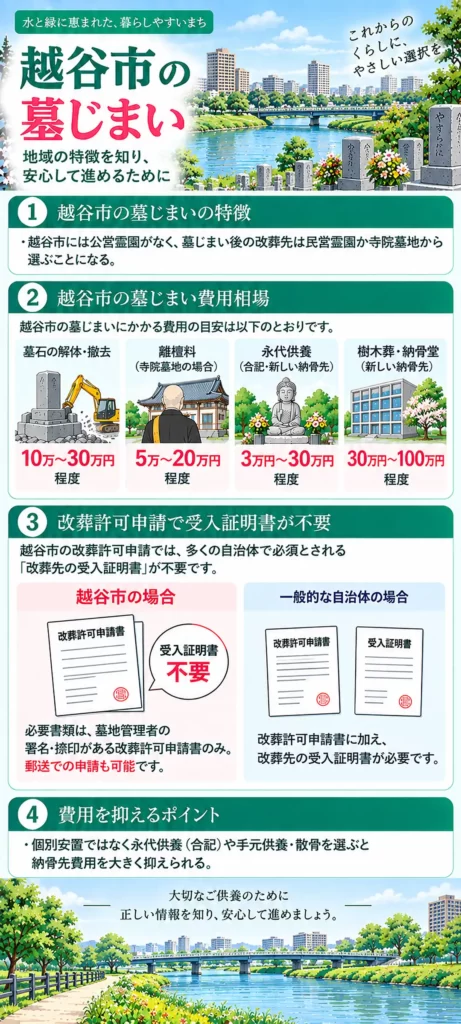 越谷市の墓じまいについて、費用相場や改葬先の特徴、受入証明書が不要な改葬許可申請の手続き、費用を抑えるポイントをまとめています。
