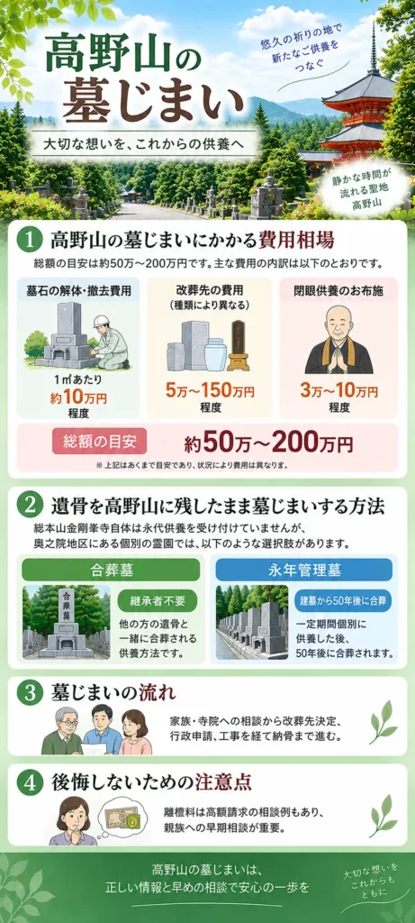 高野山 墓じまいについて、費用相場の内訳、高野山に遺骨を残す合葬墓・永年管理墓の選択肢、墓じまいの流れや注意点をまとめています。