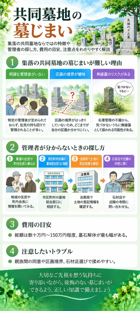 共同墓地の墓じまいについて、管理者や区画境界が不明確な場合のリスクと、住民・役場・法務局・石材店などを通じた管理者の探し方をまとめています。