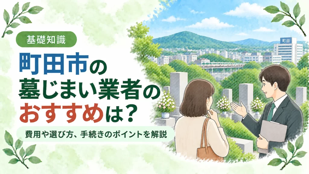町田市の墓じまいについて、緑豊かな墓地で業者へ相談する人物と町田の街並みを配し、おすすめ業者の選び方や費用、手続きのポイントを伝えるアイキャッチ