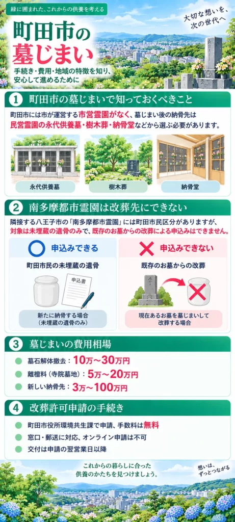 町田市の墓じまいについて、市営霊園がない点や南多摩都市霊園への改葬可否、費用相場、改葬許可申請の手続きをまとめています。