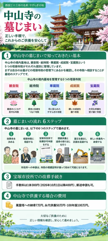中山寺 墓じまいについて、5つの塔頭寺院の管理体制や墓じまいの6ステップ、宝塚市役所での改葬手続き、中山寺で供養する場合の費用をまとめています。