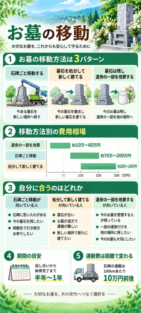お墓の移動について、石碑ごとの移動・墓石の建て直し・遺骨の一部改葬という3つの方法と費用相場、選び方、期間や運搬費の目安をまとめています。