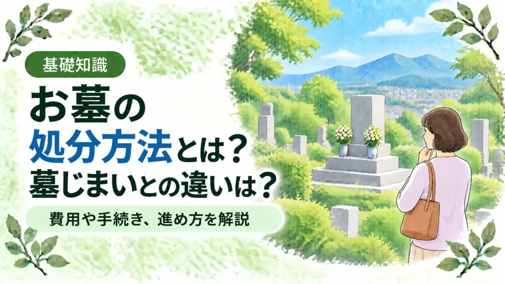 お墓処分の方法について、緑豊かな墓地で一人の女性が墓石を見つめる様子を配し、墓じまいとの違いや費用、手続きのポイントを伝えるアイキャッチ