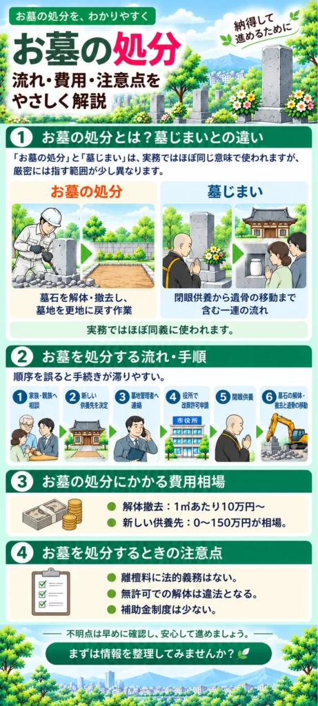 お墓の処分について、墓じまいとの違い、家族への相談から墓石撤去までの6つの手順、費用相場、処分時の注意点をまとめています。