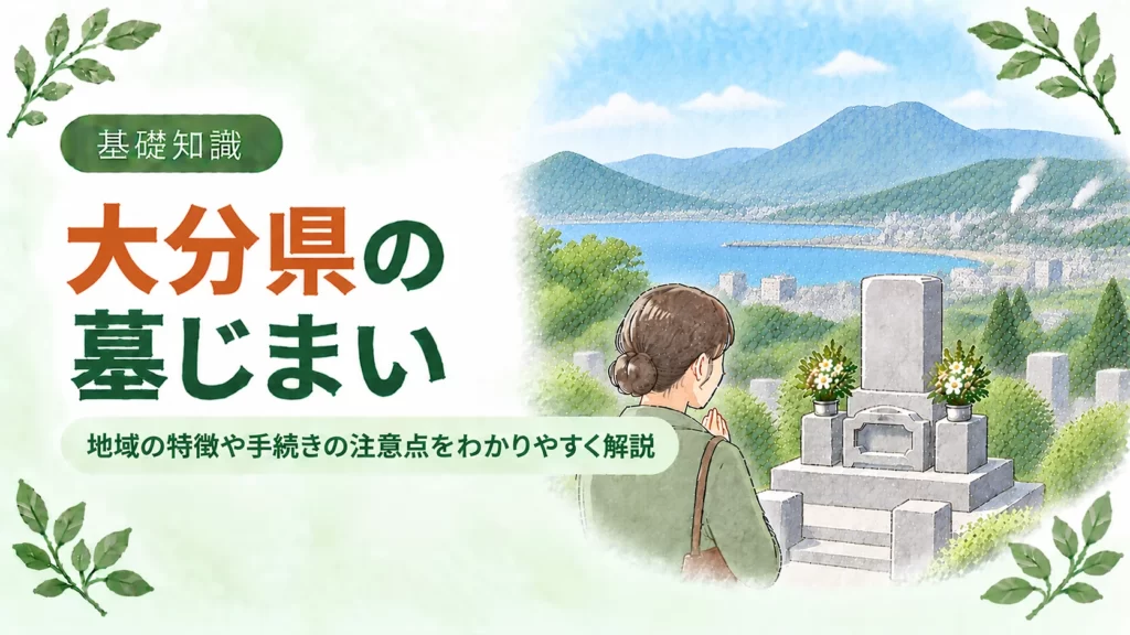 大分県の墓じまいについて、海と山に囲まれた街並みや温泉地を思わせる景観を背景に、墓前で手を合わせる人物を配したアイキャッチ