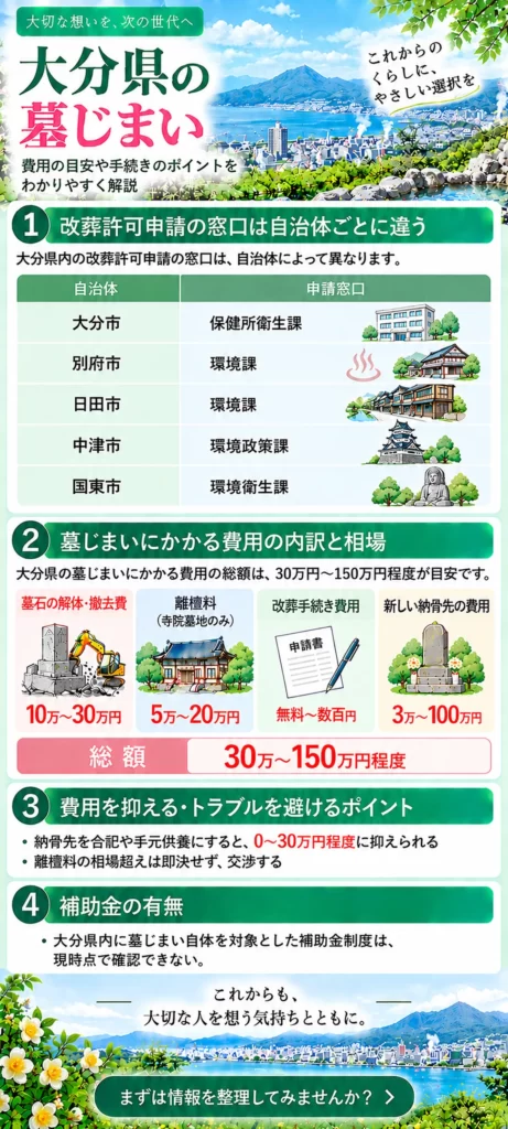 大分県の墓じまいについて、自治体別の改葬許可申請窓口、費用相場と内訳、費用を抑える方法、補助金の有無をまとめています。