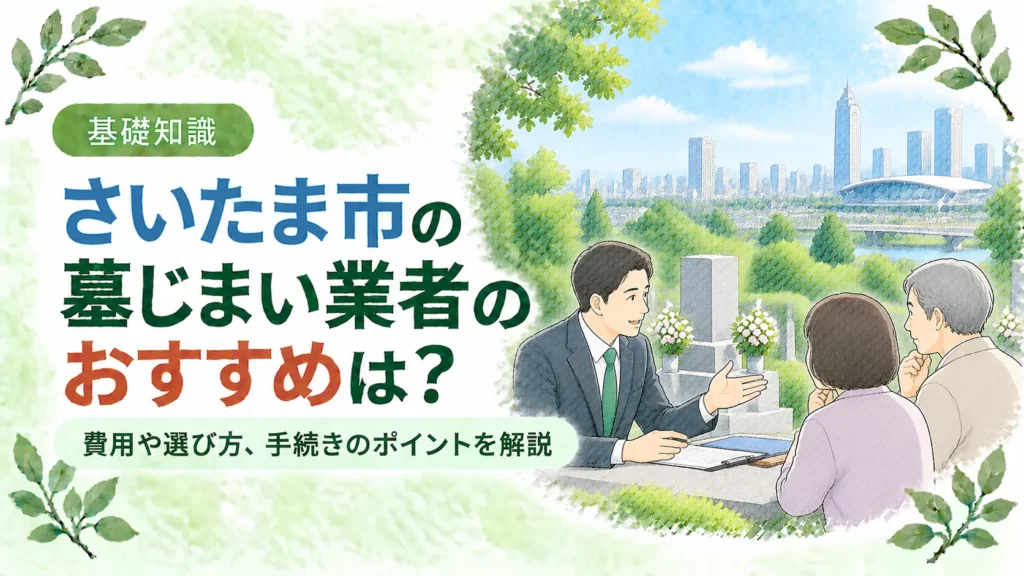 さいたま市の墓じまいについて、緑豊かな墓地で専門業者へ相談する夫婦と市街地を配し、おすすめ業者の選び方や費用、手続きのポイントを伝えるアイキャッチ