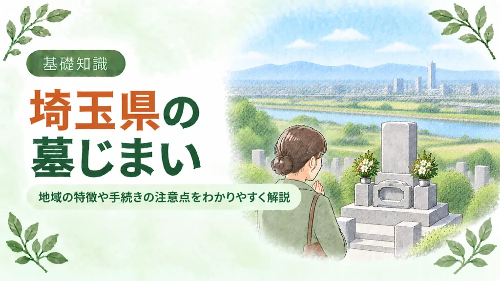埼玉県の墓じまいについて、広い平野と河川、都市の街並みや遠くの山並みを背景にした墓地と人物を配し、地域の特徴や手続きの注意点を伝えるアイキャッチ