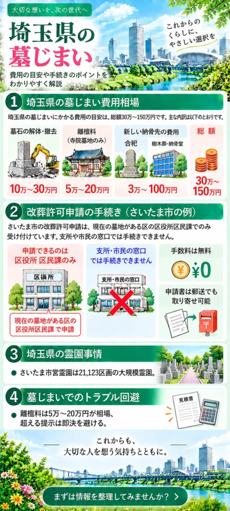 埼玉県の墓じまいについて、墓石撤去・離檀料・納骨先の費用相場、さいたま市の改葬許可申請、霊園事情とトラブル回避のポイントをまとめています。