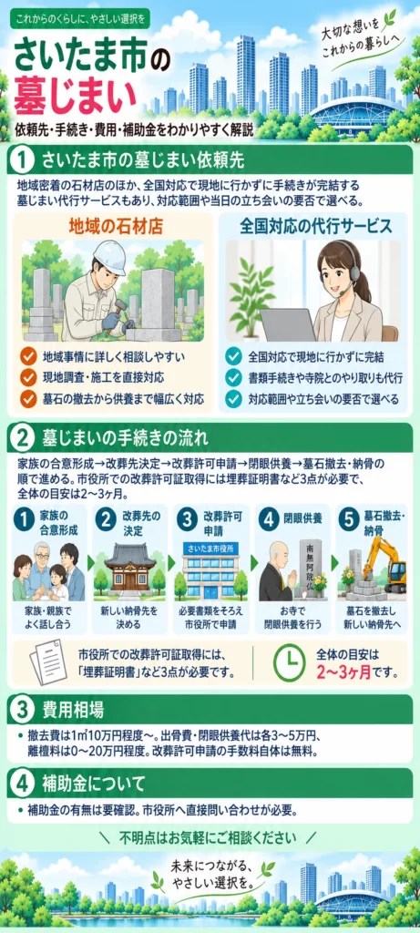 さいたま市の墓じまいについて、地域の石材店と全国対応サービスの違い、5つの手続きの流れ、費用相場、補助金の確認方法をまとめています。