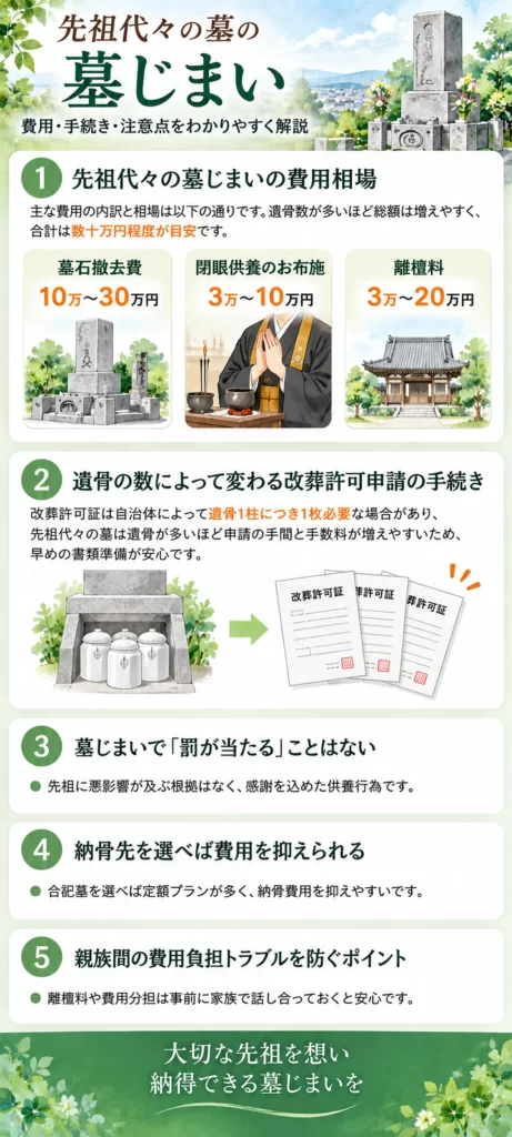先祖代々の墓の墓じまいについて、費用相場や遺骨数によって変わる改葬許可申請、納骨先の選び方、親族間の費用負担の注意点をまとめています。