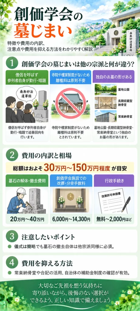 創価学会の墓じまいについて、僧侶を呼ばない儀式や離檀料、独自の納骨先といった特徴、墓石撤去や改葬にかかる費用をまとめています。